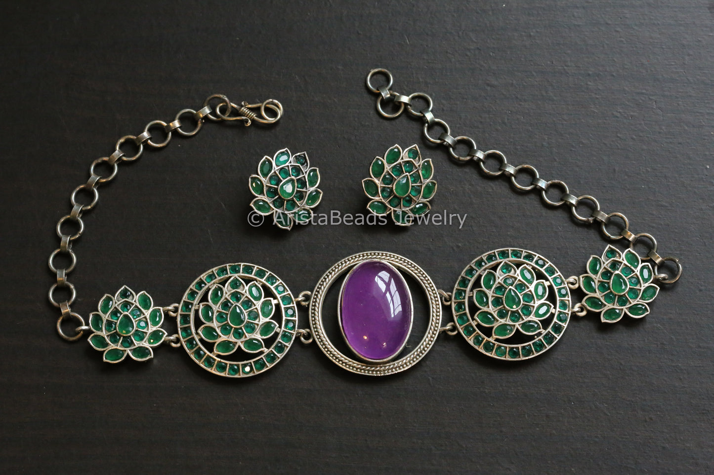 Silver Look Purple Green CZ Choker Set