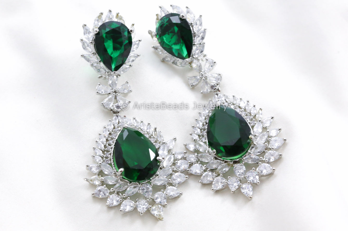 Large Emerald CZ Earring in Silver Finish