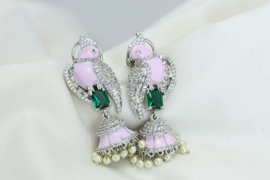 Glazed Enamel Bird Jhumka - Pink