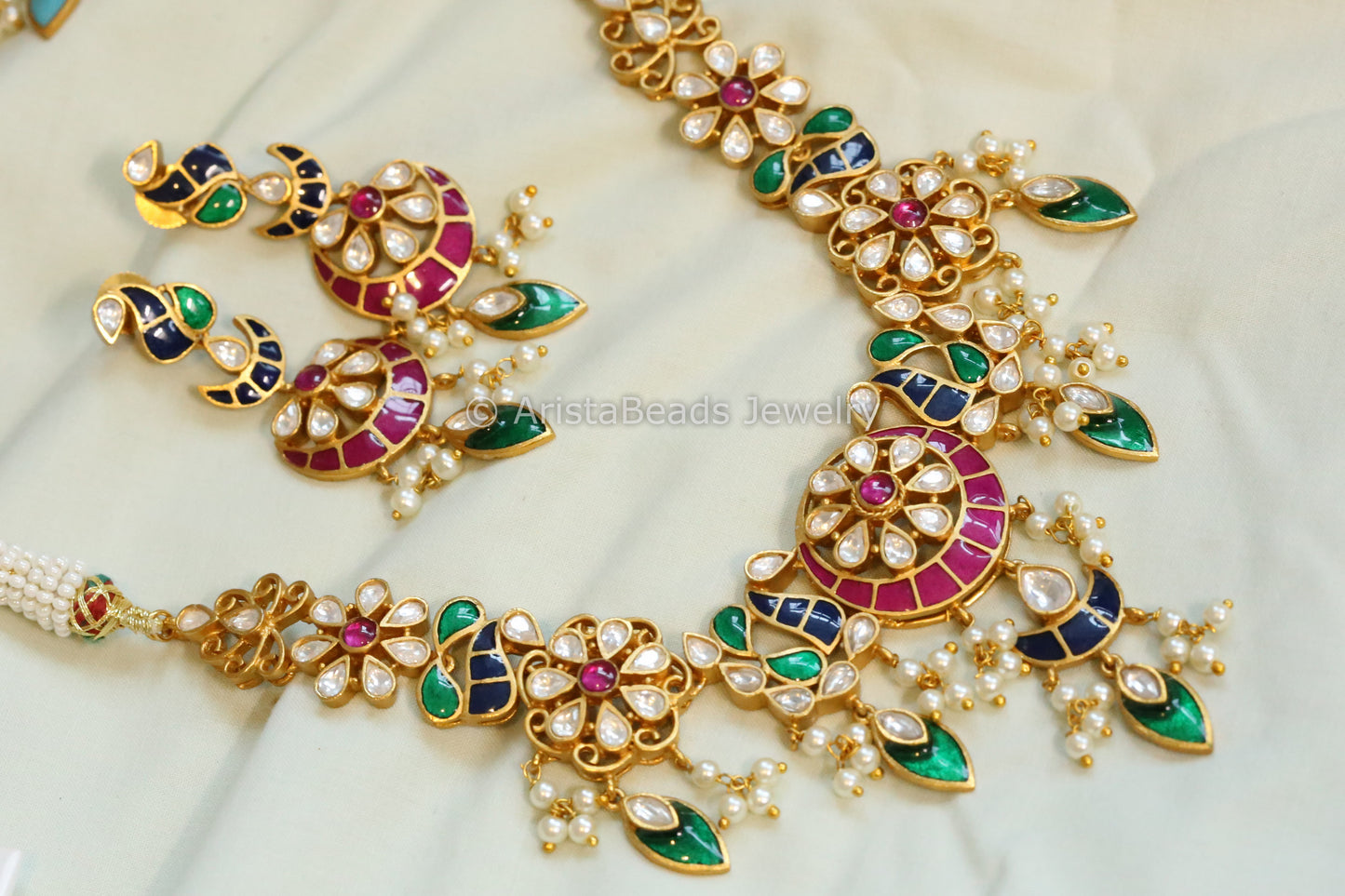 Peacock Kundan Enamel Necklace Set  - Green