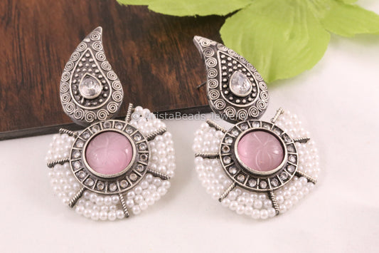Carved Stone Silver Look Earrings - Pink