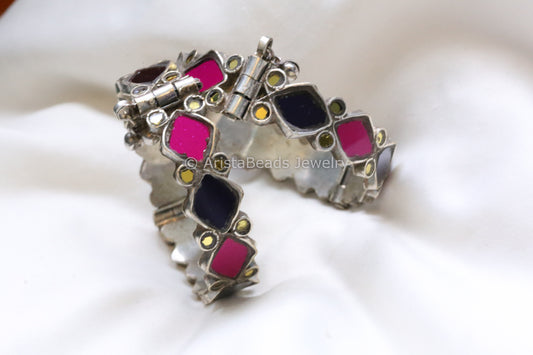 Blue Pink Silver Look Real Glass Bangle Set (Openable)