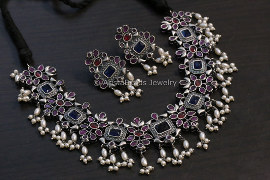 Silver Look Alike Blue Ruby Necklace Set