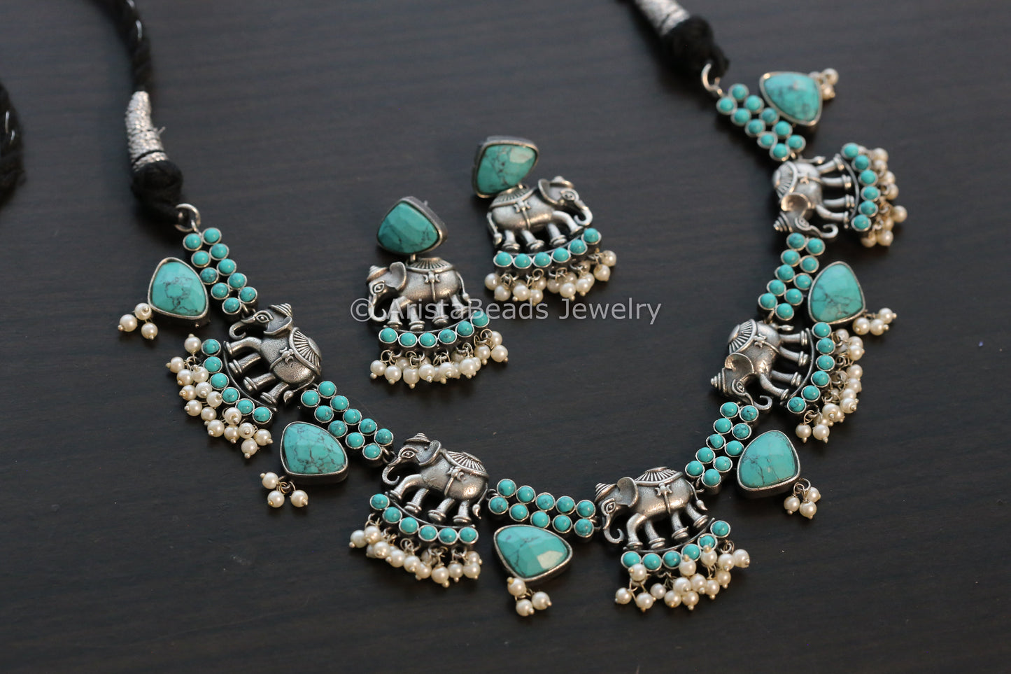 Oxidized Elephant Necklace - Turquoise