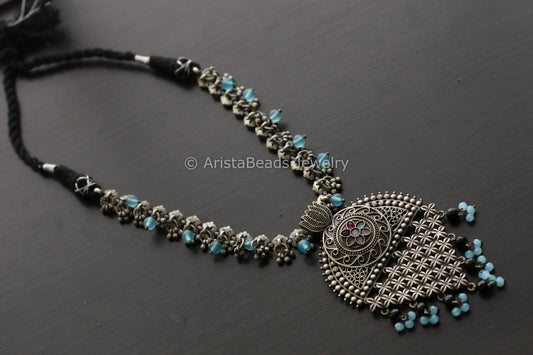 Silver Look Blue Red Necklace