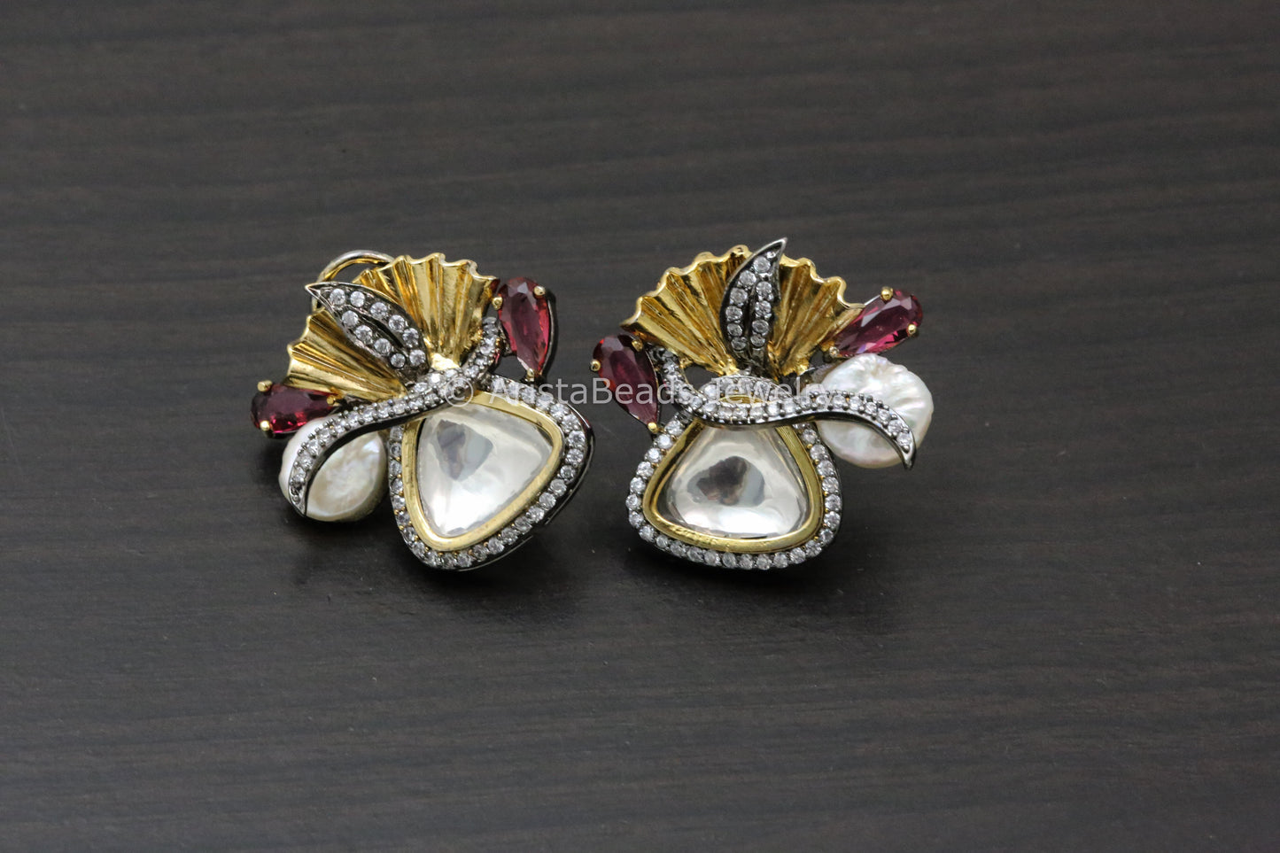 Large Victorian Uncut Polki Baroque Studs - Red