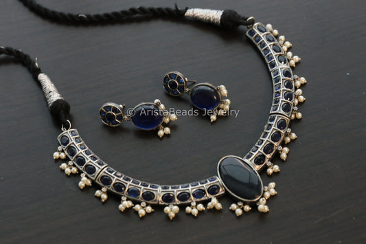 Oxidized Hasli Necklace Set - Blue