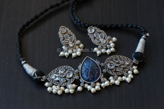 Carved Stone Choker Set - Blue