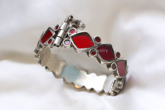 Red Silver Look Real Glass Bangle Set (Openable)