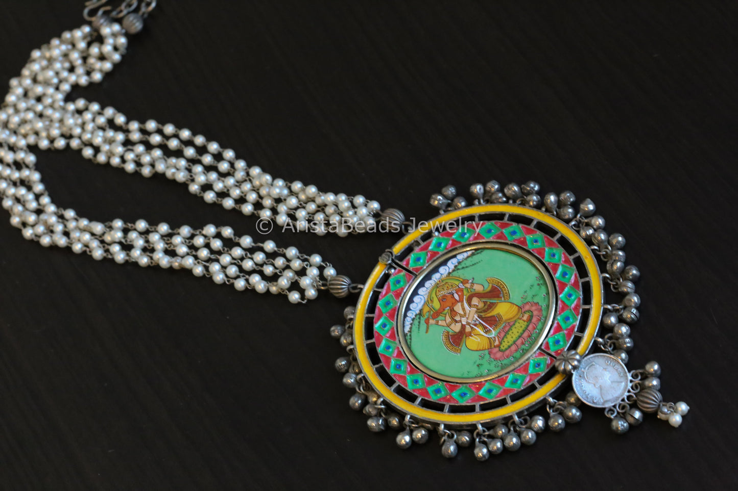 Reversible Oxidized Hand-Painted Enamel Pearl Necklace