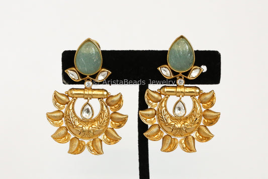 Small Carved Stone Chandbaali - Mint