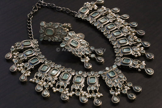 Silver Tone Oxidized Necklace Set -Mint