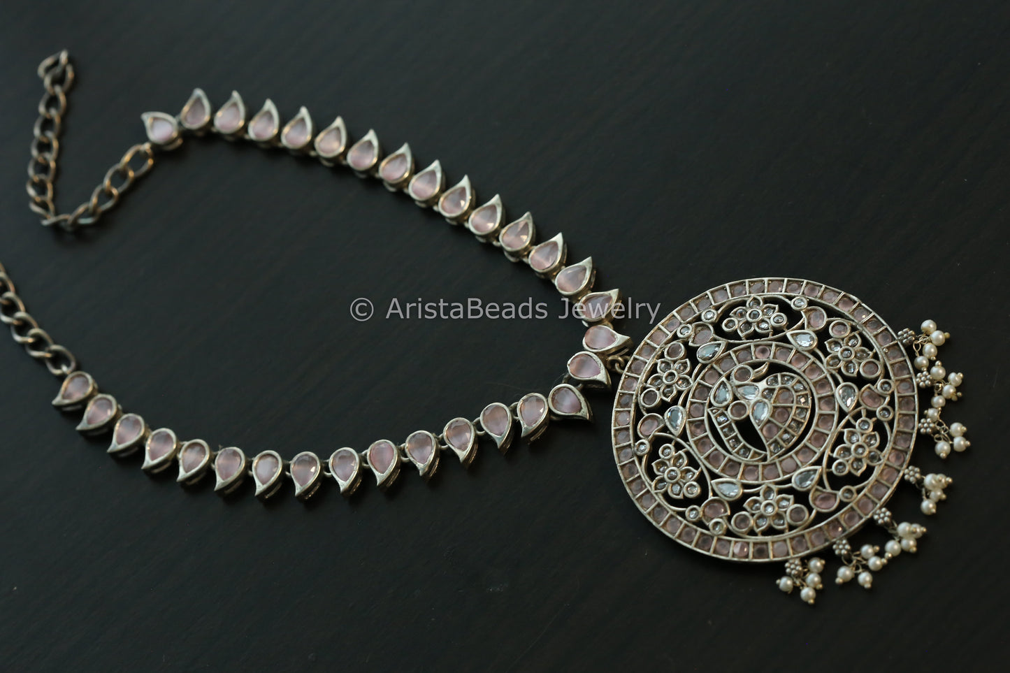Jadau Look Alike Oxidized CZ Peacock Necklace - Pink