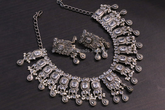 Silver Tone Oxidized Necklace Set - Clear