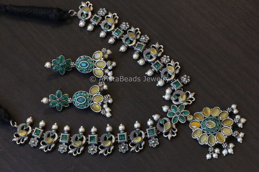 Yellow Green Stone Oxidized Necklace Set