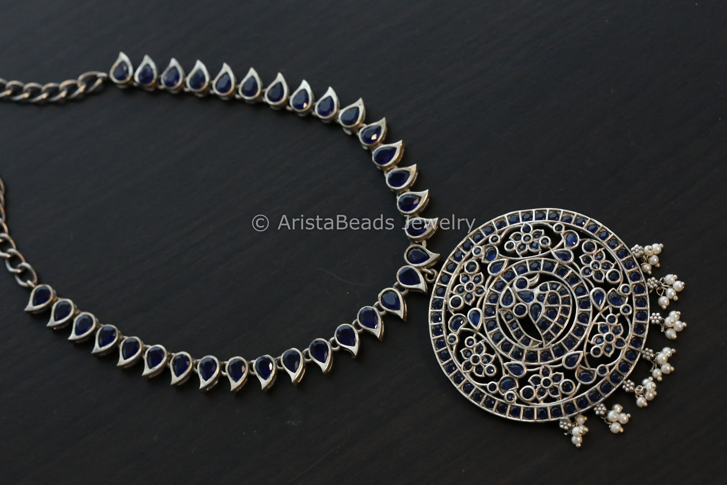 Jadau Look Alike Oxidized CZ Peacock Necklace - Blue