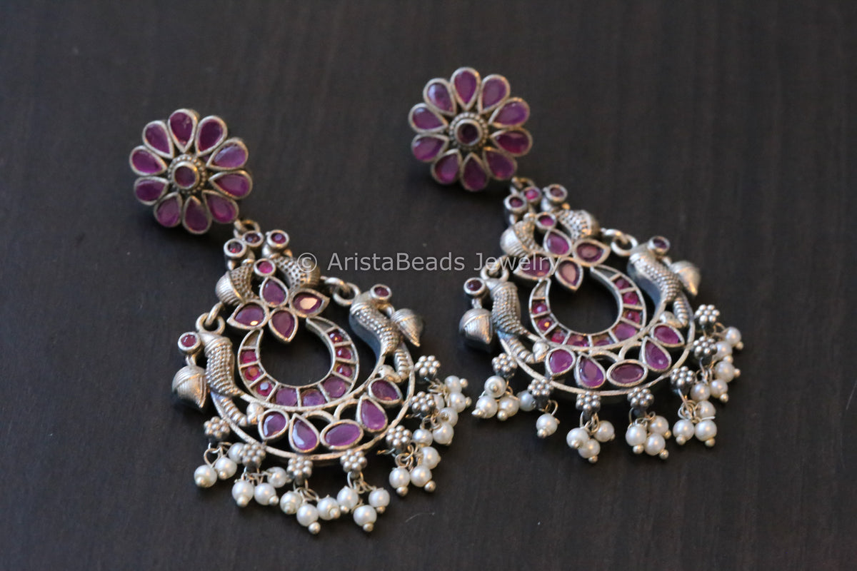 Oxidized Silver Look Chandbaali - Ruby