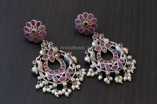 Oxidized Silver Look Chandbaali - Ruby