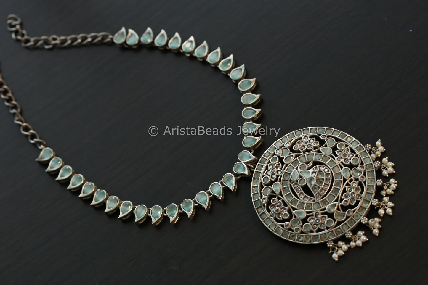 Jadau Look Alike Oxidized CZ Peacock Necklace - Mint