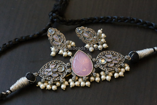 Carved Stone Choker Set - Pink