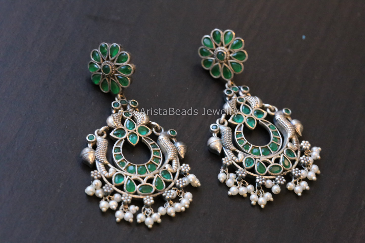 Oxidized Silver Look Chandbaali - Green