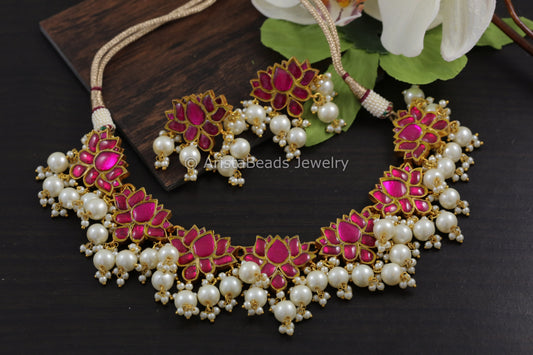 Handmade Lotus Kundan Necklace Set