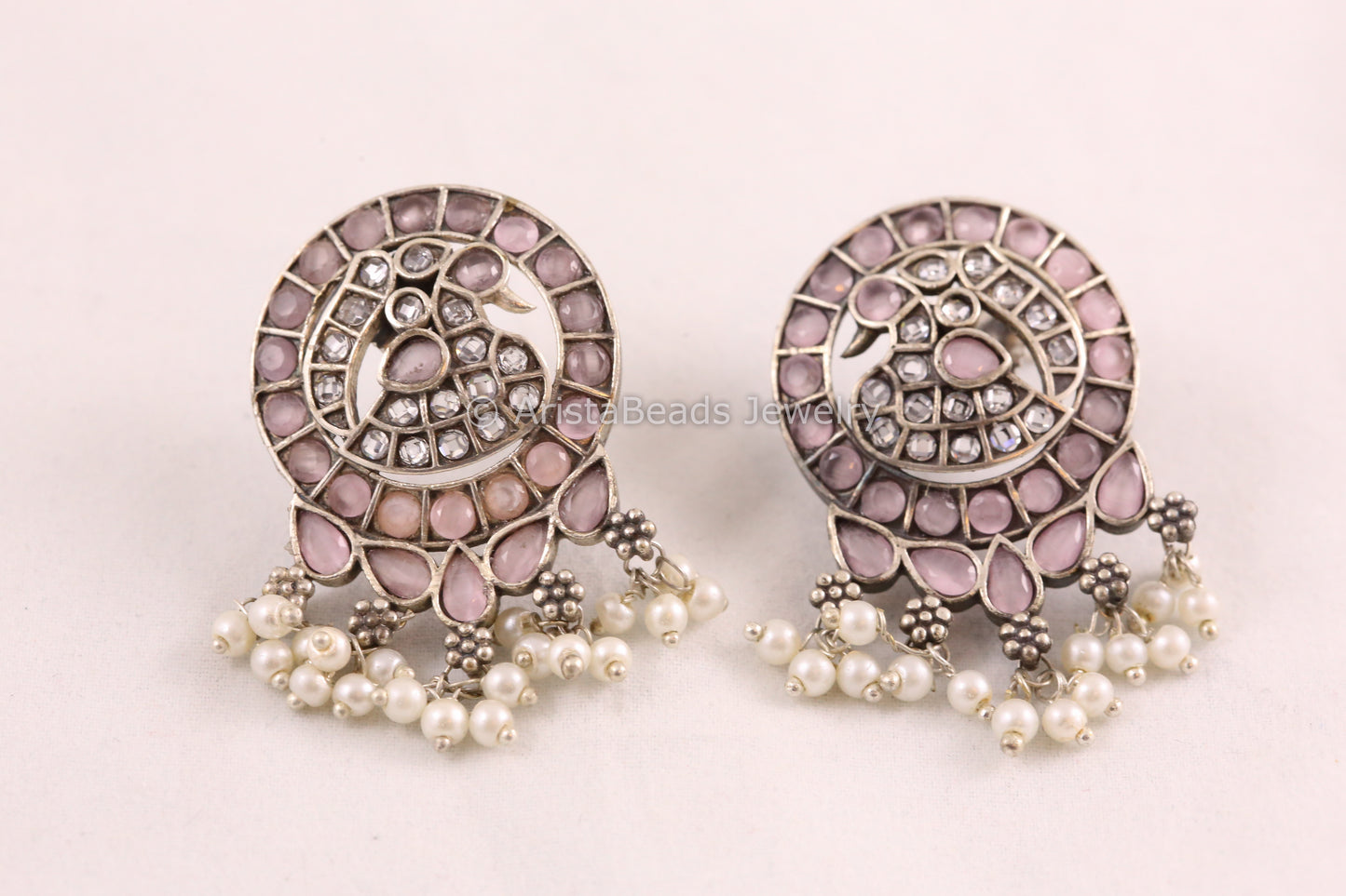 Jadau Look CZ Oxidized Earrings - Pink