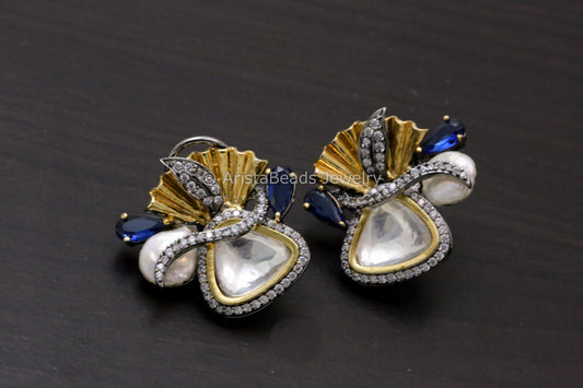 Large Victorian Uncut Polki Baroque Studs - Blue