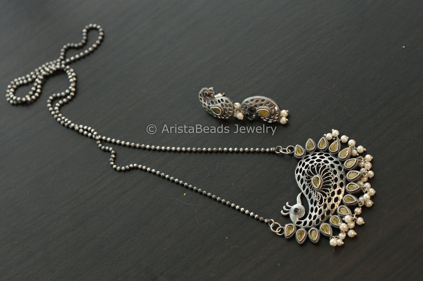 Oxidized Peacock Necklace Set - Yellow