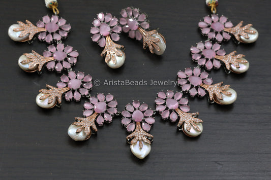 Rose Gold Baroque Pearl Necklace Set - Pink