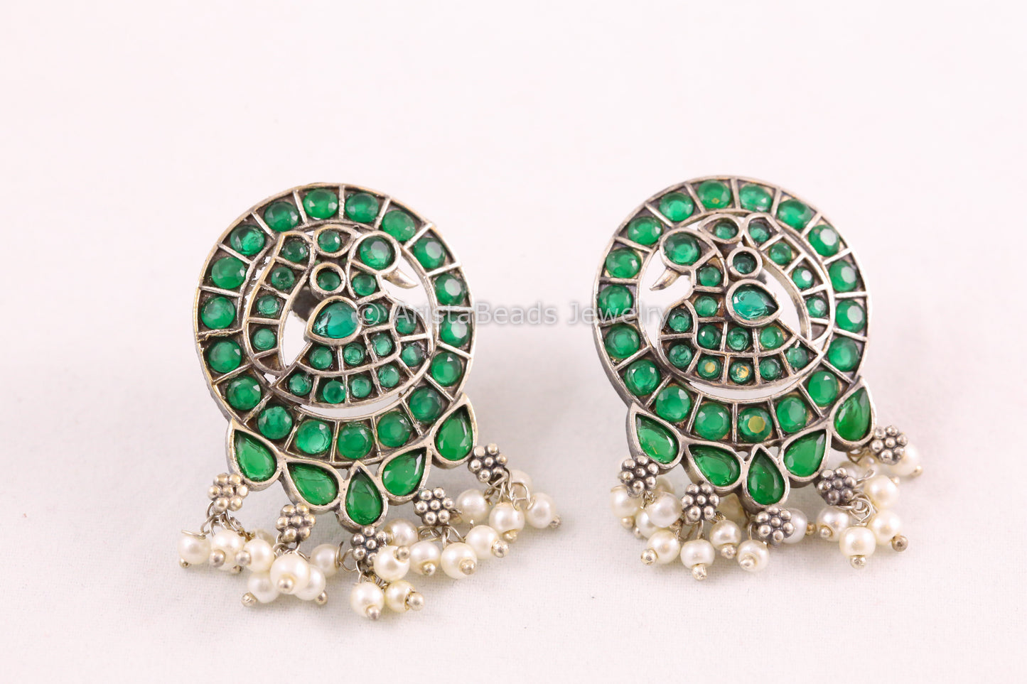 Jadau Look CZ Oxidized Earrings -Green