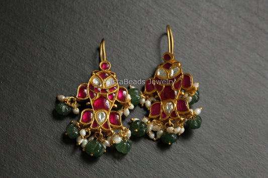 Silver Look Alike Kundan Earrings With Rice Pearls -  Ruby