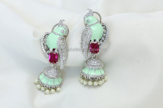 Glazed Enamel Bird Jhumka - Mint