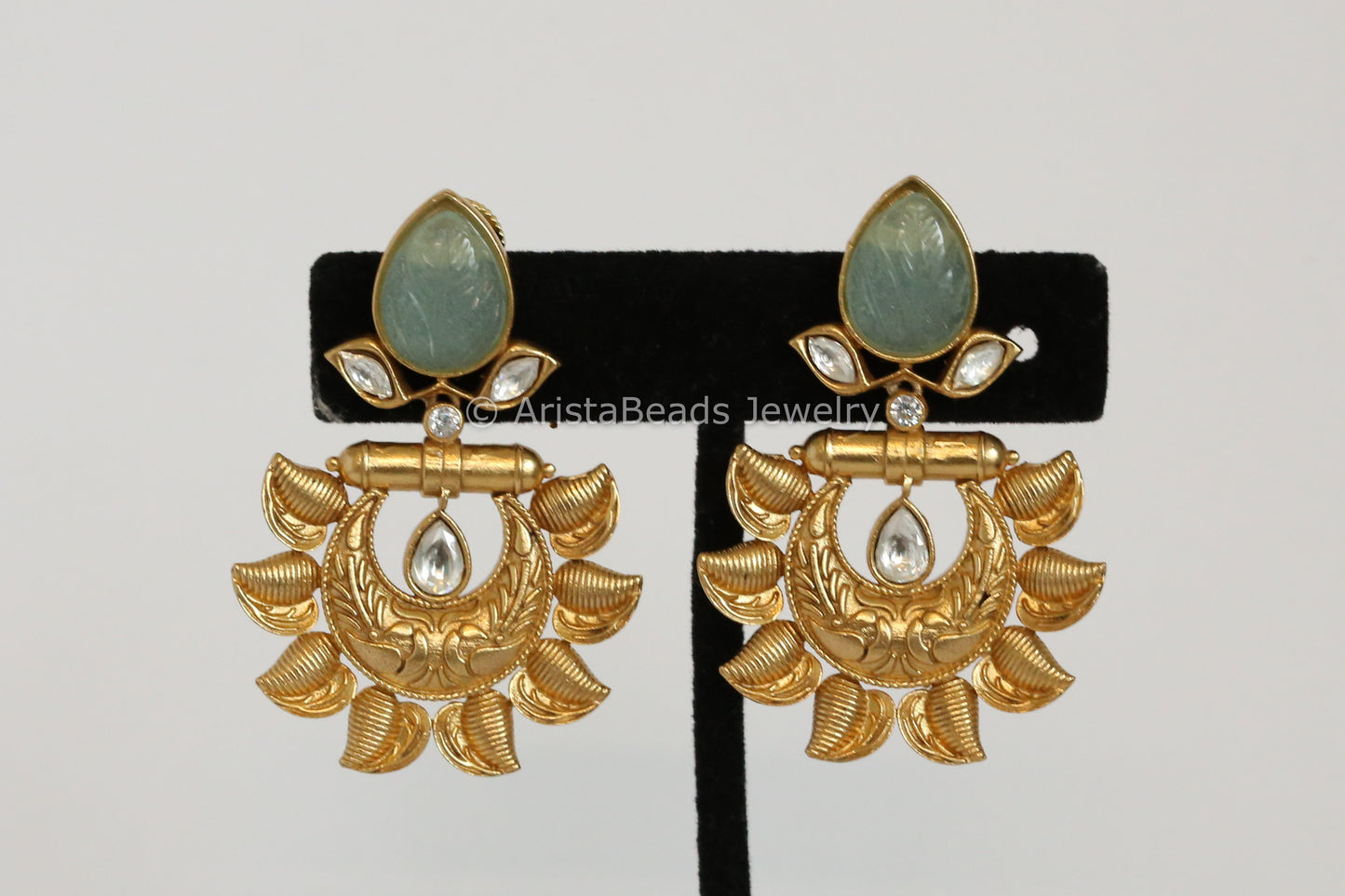 Small Carved Stone Chandbaali - Mint