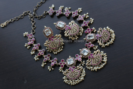 Ruby Silver Look Oxidized Necklace Set