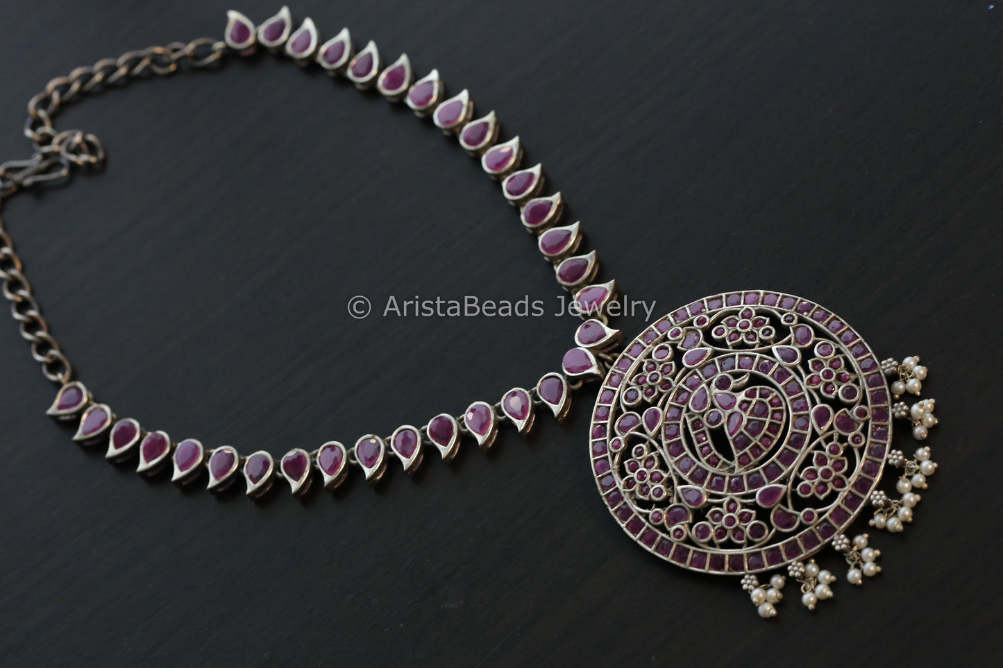 Jadau Look Alike Oxidized CZ Peacock Necklace - Ruby