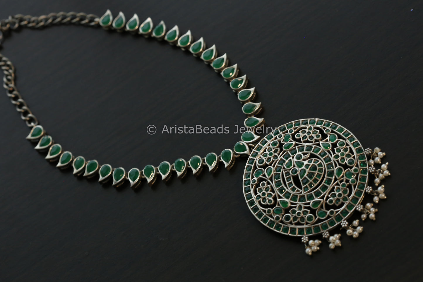 Jadau Look Alike Oxidized CZ Peacock Necklace - Green