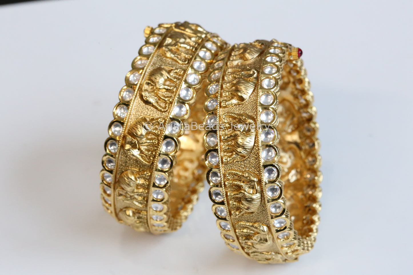 Kundan Polki Matt Gold Elephant Bangle Set (Screw)