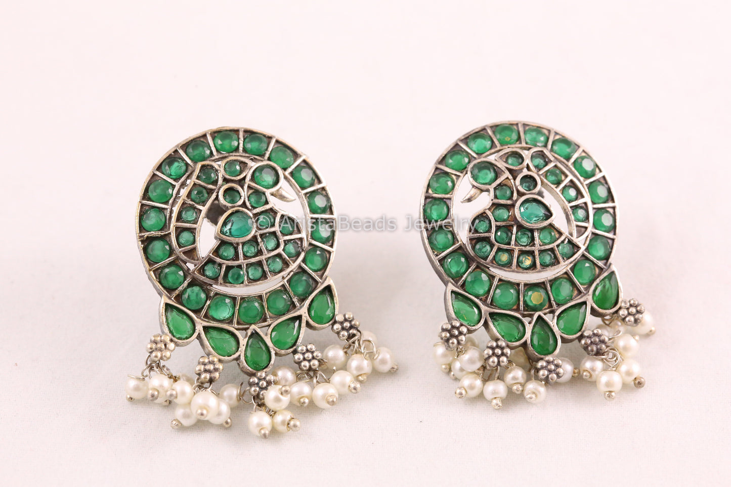 Jadau Look CZ Oxidized Earrings -Green