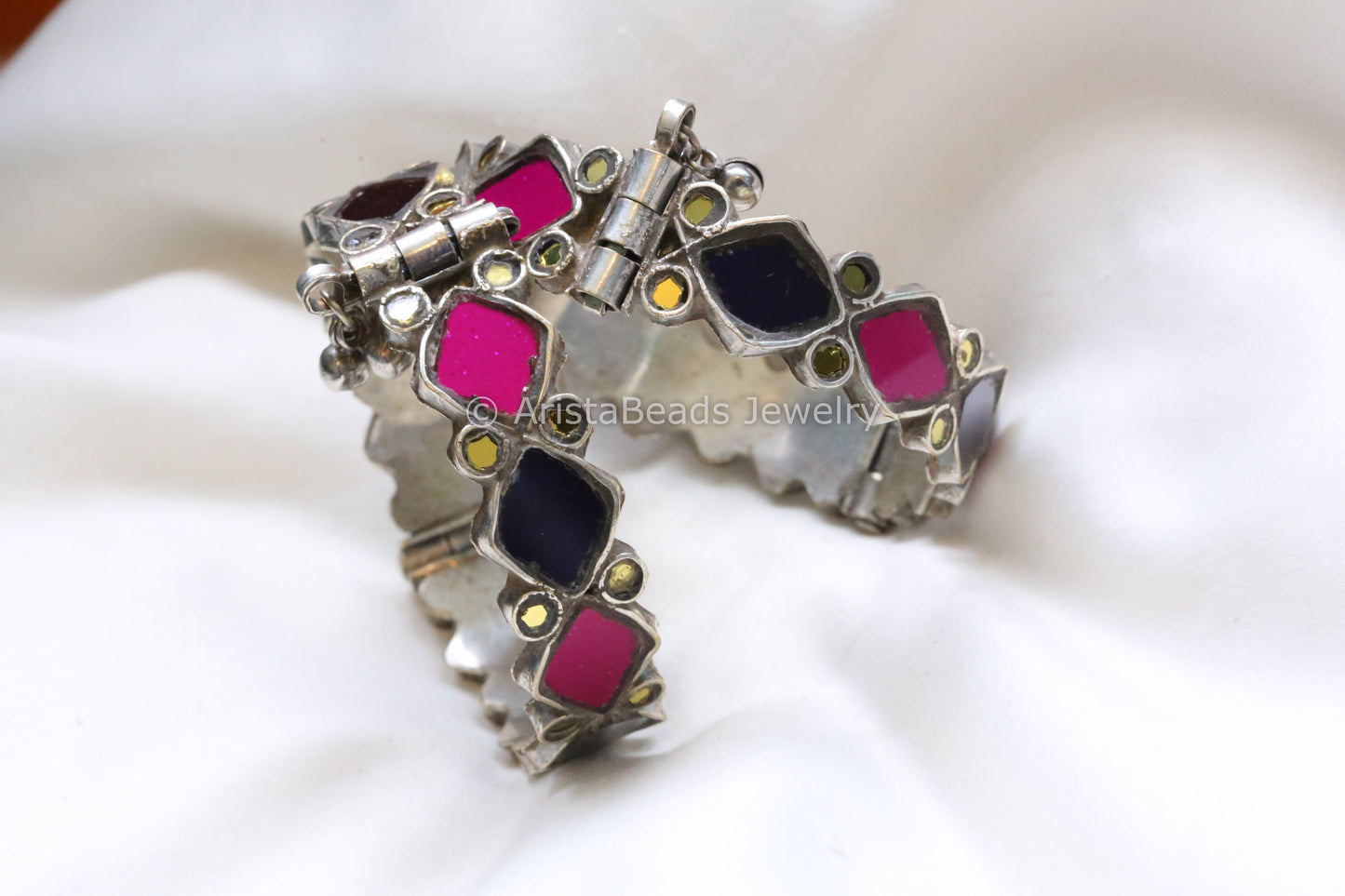 Blue Pink Silver Look Real Glass Bangle Set (Openable)