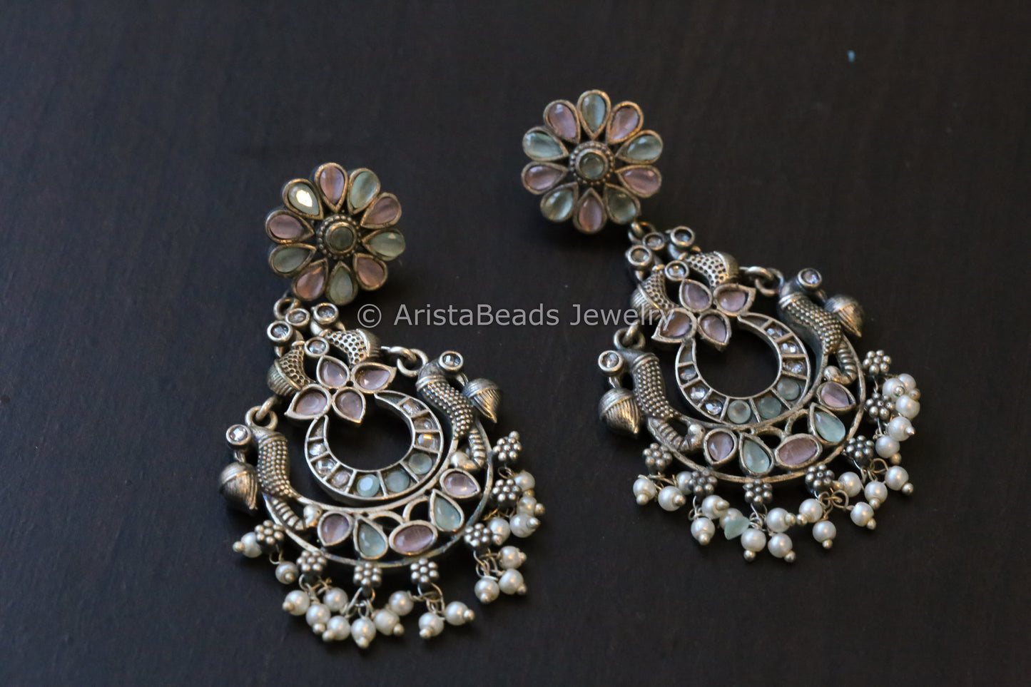 Oxidized Silver Look Chandbaali - Mint Pink