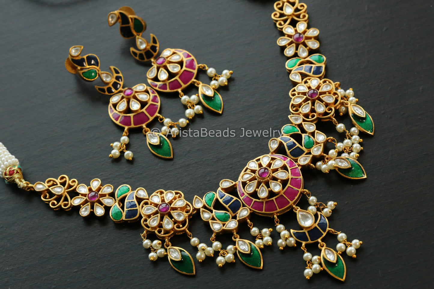 Peacock Kundan Enamel Necklace Set  - Green