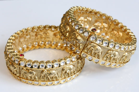 Kundan Polki Matt Gold Elephant Bangle Set (Screw)