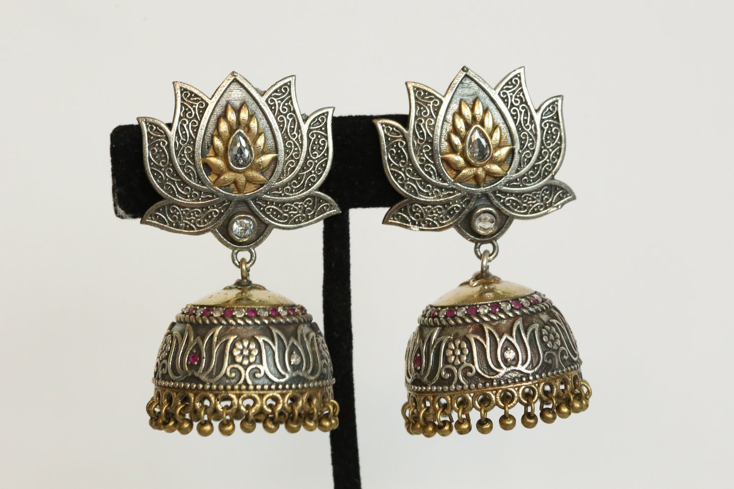 Dual Tone Oxidized Lotus Jhumka - Clear