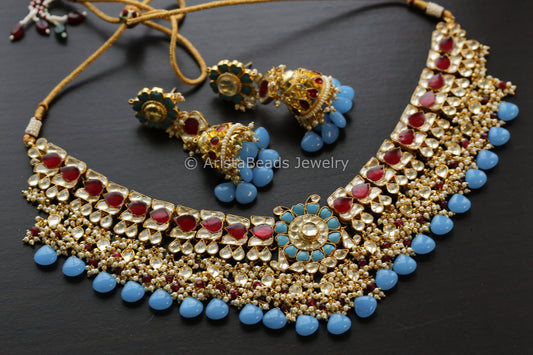 Turquoise Ruby Pachi Kundan Necklace Set