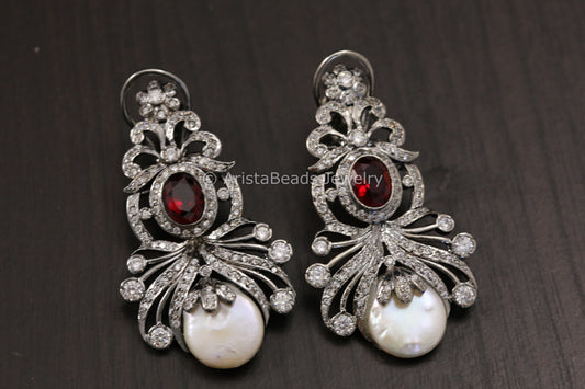 Victorian Baroque Pearl Earrings -Red