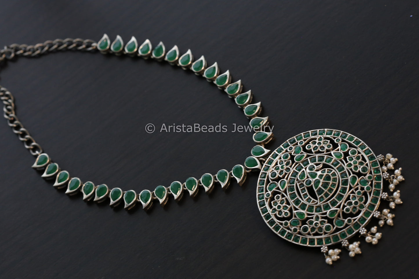 Jadau Look Alike Oxidized CZ Peacock Necklace - Green