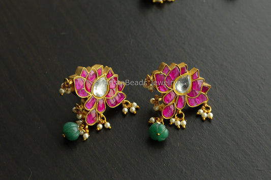 Silver Look Kundan Jadau Lotus Earrings - Ruby Clear