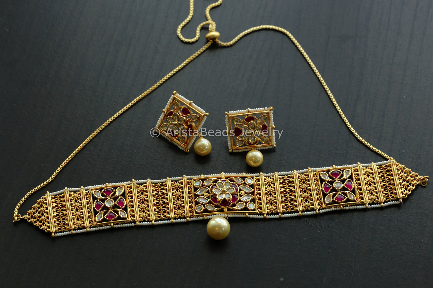 Polki Kundan Real Gold Look Choker Set - Ruby