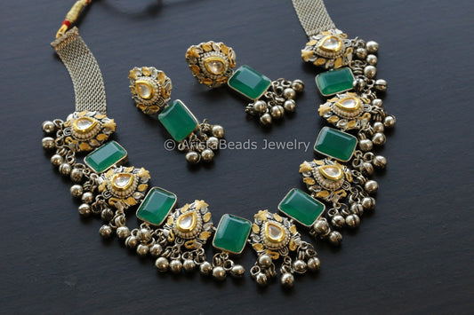 Contemporary Dual Tone Kundan Necklace - Green